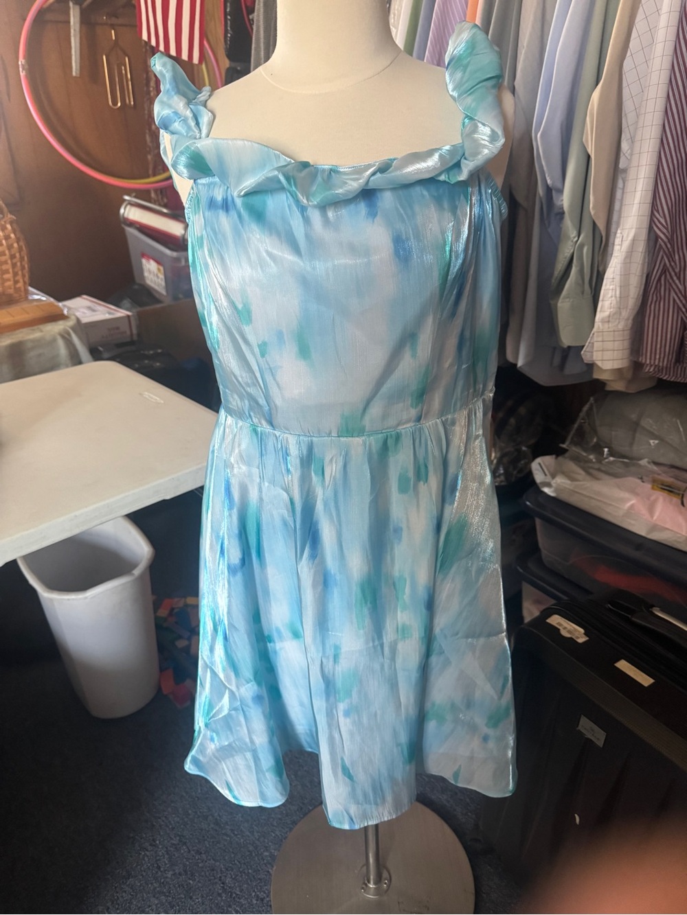 NWT Light Blue Watercolor Ruffle-Trim Midi Dress